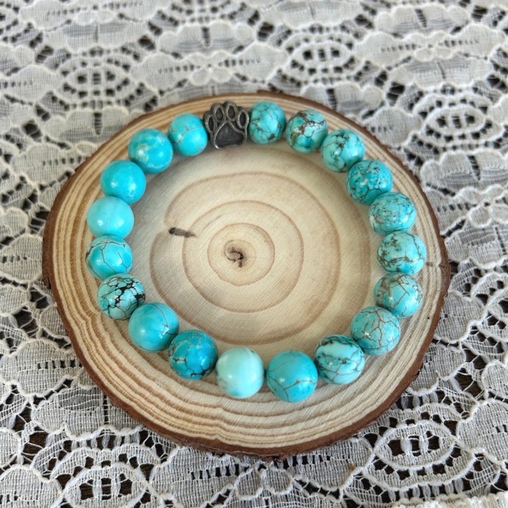 Turquoise Howlite Beaded Stretch Bracelet Silver Paw Print Charm Animal Lover
